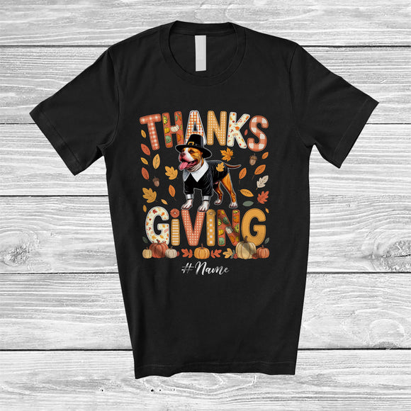 MacnyStore - Personalized Thanksgiving; Lovely Plaid Custom Name Pilgrim Pit Bull Owner; Fall Leaf Family T-Shirt