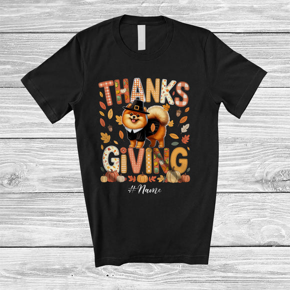 MacnyStore - Personalized Thanksgiving; Lovely Plaid Custom Name Pilgrim Pomeranian Owner; Fall Leaf Family T-Shirt