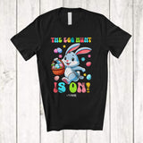 MacnyStore - Personalized The Egg Hunt Is On; Cheerful Easter Custom Name Bunny Go Hunting Eggs Basket T-Shirt