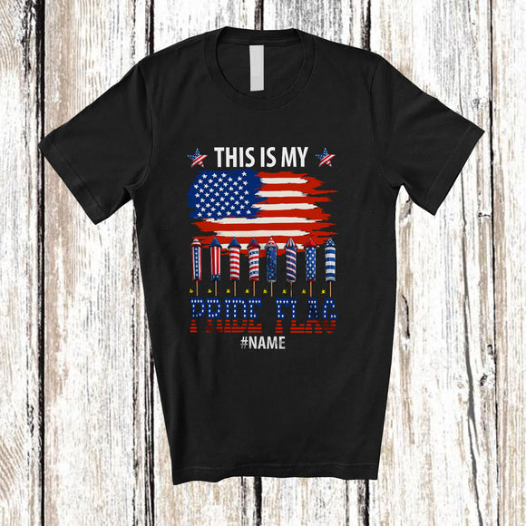 MacnyStore - Personalized This Is My Pride Flag; Proud 4th Of July US Flag Firecrackers; Custom Name Patriotic T-Shirt