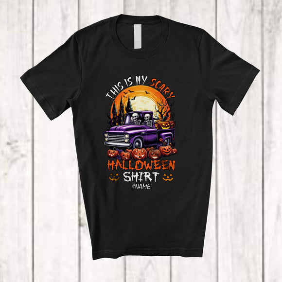 MacnyStore - Personalized This Is My Scary Halloween Shirt; Creepy Custom Name Skeleton On Pickup Truck Driver T-Shirt