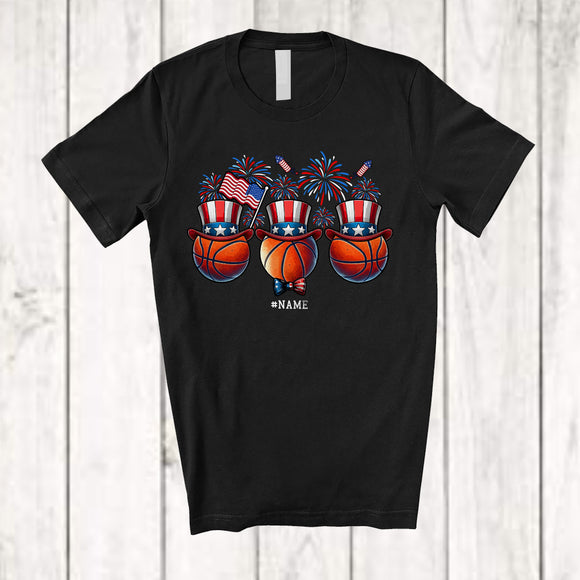 MacnyStore - Personalized Three Basketball Ball Uncle Sam Hat; Awesome 4th Of July Custom Name Player Patriotic T-Shirt