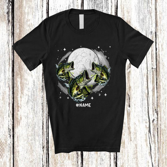 MacnyStore - Personalized Three Bass Fish On Moon; Humorous Custom Name Bass Fish Sea Animal Space T-Shirt