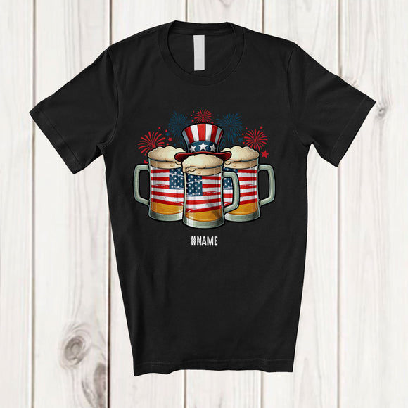MacnyStore - Personalized Three Beer Glasses Fireworks; Joyful 4th Of July Custom Name Drinking Patriotic T-Shirt