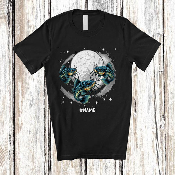 MacnyStore - Personalized Three Catfish On Moon; Humorous Custom Name Catfish Sea Animal Space T-Shirt