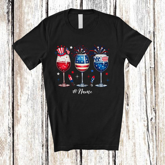 MacnyStore - Personalized Three Glasses Of Wine; Amazing 4th of July Custom Name Drinking Patriotic T-Shirt