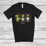 MacnyStore - Personalized Three Gnomes With Mardi Gras Mask Beads; Lovely Gnomies Custom Name Family T-Shirt