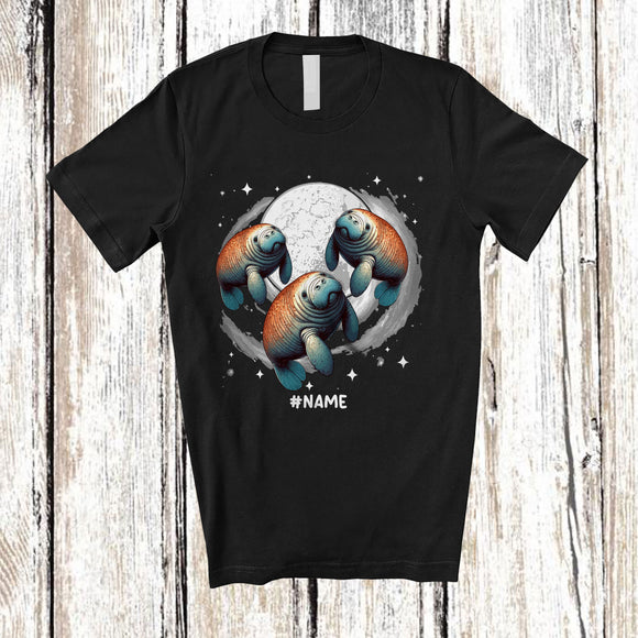 MacnyStore - Personalized Three Manatee On Moon; Humorous Custom Name Manatee Sea Animal Space T-Shirt