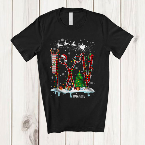 MacnyStore - Personalized Three Red Plaid Hair Stylist Tools; Proud Christmas Custom Name Hair Stylist Jobs T-Shirt