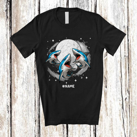 MacnyStore - Personalized Three Shark On Moon; Humorous Custom Name Shark Sea Animal Space T-Shirt