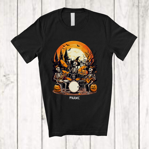MacnyStore - Personalized Three Skeletons Playing Drum; Joyful Halloween Custom Name Musician; Family T-Shirt