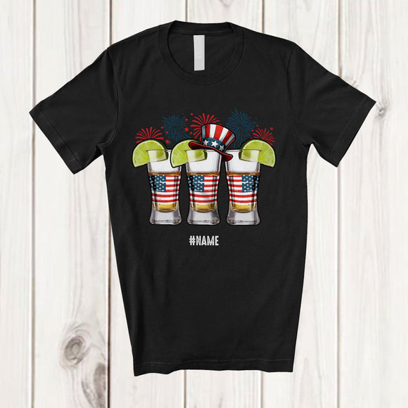 MacnyStore - Personalized Three Tequila Glasses Fireworks; Joyful 4th Of July Custom Name Drinking Patriotic T-Shirt