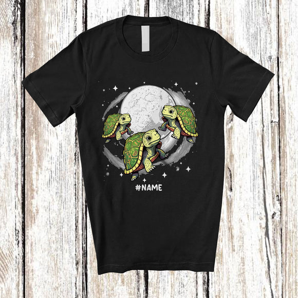 MacnyStore - Personalized Three Turtle On Moon; Humorous Custom Name Turtle Sea Animal Space T-Shirt