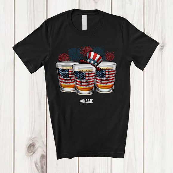 MacnyStore - Personalized Three Whisky Glasses Fireworks; Joyful 4th Of July Custom Name Drinking Patriotic T-Shirt