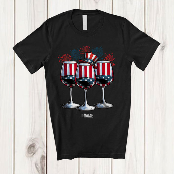 MacnyStore - Personalized Three Wine Glasses Fireworks; Joyful 4th Of July Custom Name Drinking Patriotic T-Shirt