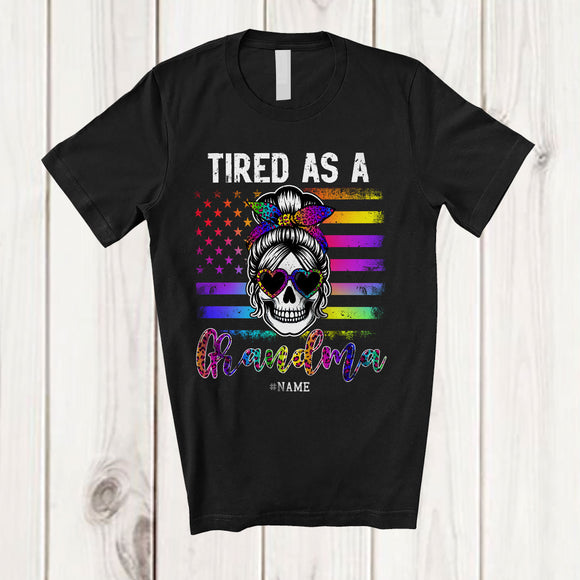 MacnyStore - Personalized Tired As A Grandma; Joyful Mother's Day Custom Name Skull US Flag; Family T-Shirt