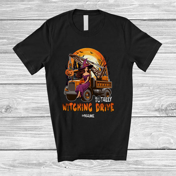 MacnyStore - Personalized Totally Witching Drive; Joyful Halloween Moon Custom Name Witch Driving Crane Truck T-Shirt