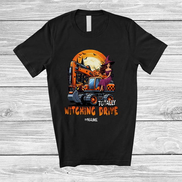 MacnyStore - Personalized Totally Witching Drive; Joyful Halloween Moon Custom Name Witch Driving Excavator T-Shirt
