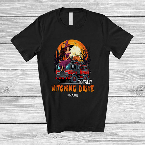 MacnyStore - Personalized Totally Witching Drive; Joyful Halloween Moon Custom Name Witch Driving Firetruck T-Shirt