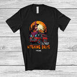 MacnyStore - Personalized Totally Witching Drive; Joyful Halloween Moon Custom Name Witch Driving Firetruck T-Shirt