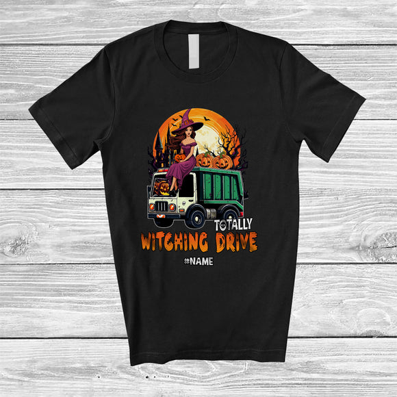 MacnyStore - Personalized Totally Witching Drive; Joyful Halloween Moon Custom Name Witch Driving Garbage Truck T-Shirt