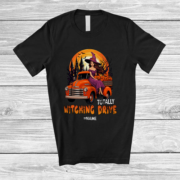 MacnyStore - Personalized Totally Witching Drive; Joyful Halloween Moon Custom Name Witch Driving Pickup Truck T-Shirt