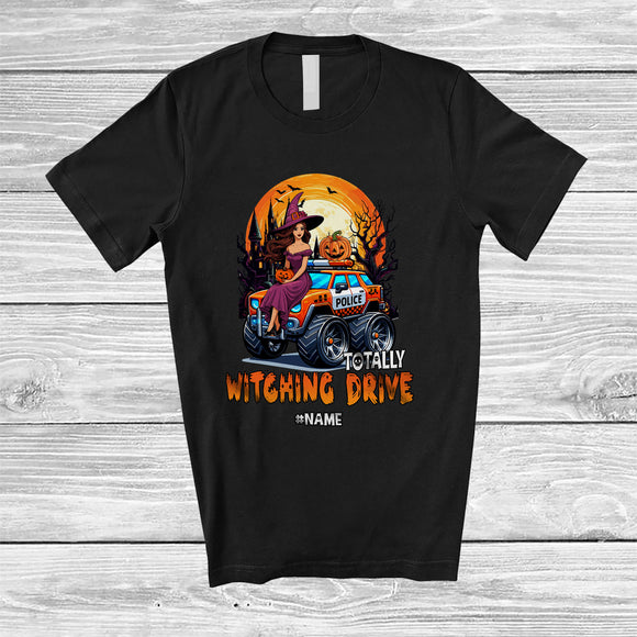 MacnyStore - Personalized Totally Witching Drive; Joyful Halloween Moon Custom Name Witch Driving Police Car T-Shirt