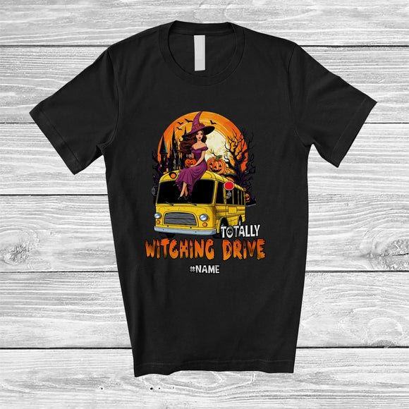 MacnyStore - Personalized Totally Witching Drive; Joyful Halloween Moon Custom Name Witch Driving School Bus T-Shirt