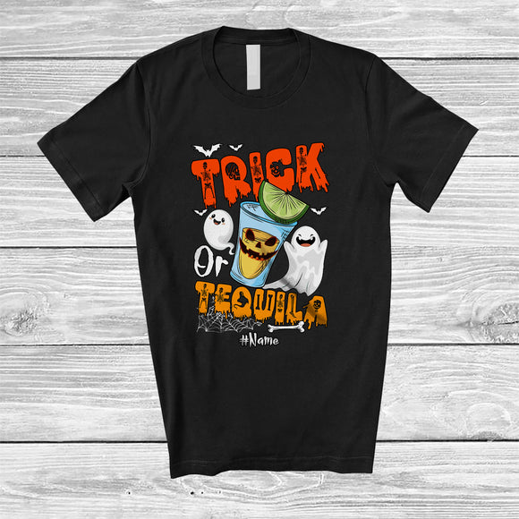 MacnyStore - Personalized Trick Or Tequila; Cheerful Halloween Ghost Boo; Custom Name Drinking Drunker T-Shirt