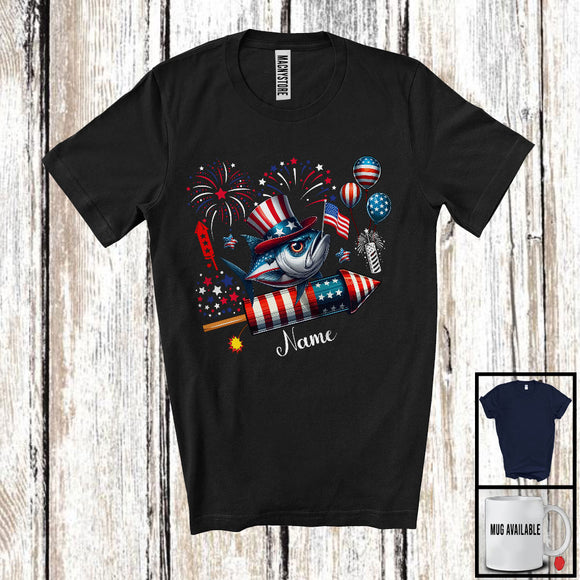 MacnyStore - Personalized Tuna Riding Firecracker, Lovely 4th Of July USA Flag Custom Name, Fish Sea Animal T-Shirt