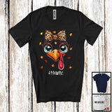 MacnyStore - Personalized Turkey Face Leopard Bow Tie; Lovely Thanksgiving Turkey; Custom Name Girl Family T-Shirt