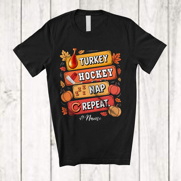 MacnyStore - Personalized Turkey Hockey Nap Repeat; Amusing Thanksgiving Custom Name Hockey Player T-Shirt