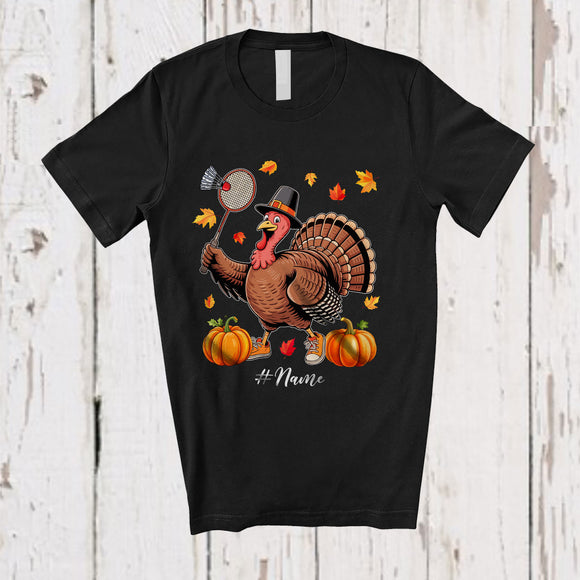 MacnyStore - Personalized Turkey Playing Badminton; Awesome Thanksgiving Fall Leaves Custom Name Player T-Shirt