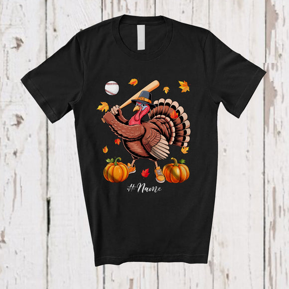 MacnyStore - Personalized Turkey Playing Baseball; Awesome Thanksgiving Fall Leaves Custom Name Player T-Shirt