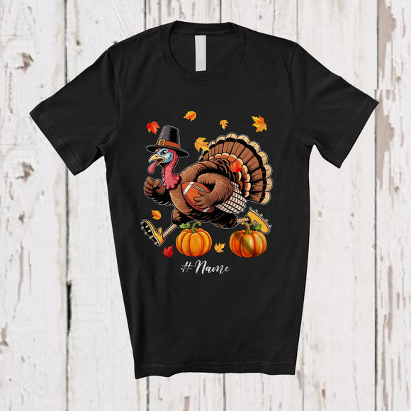 MacnyStore - Personalized Turkey Playing Football; Awesome Thanksgiving Fall Leaves Custom Name Player T-Shirt