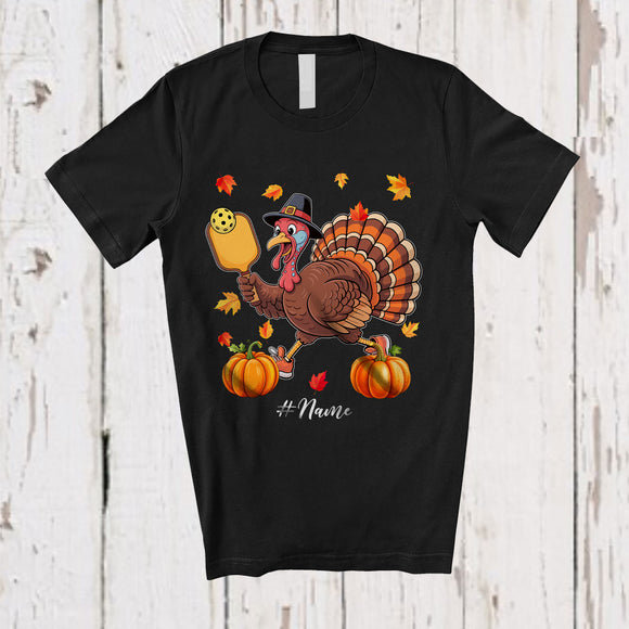 MacnyStore - Personalized Turkey Playing Pickleballs; Awesome Thanksgiving Fall Leaves Custom Name Player T-Shirt