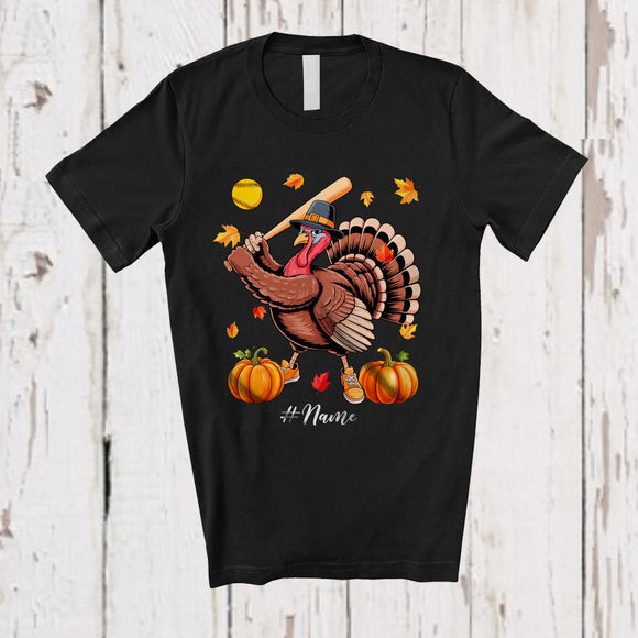 MacnyStore - Personalized Turkey Playing Softball; Awesome Thanksgiving Fall Leaves Custom Name Player T-Shirt