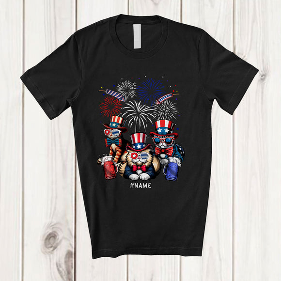 MacnyStore - Personalized US Flag Three Cat Sunglasses; Lovely 4th Of July Custom Name Patriotic T-Shirt