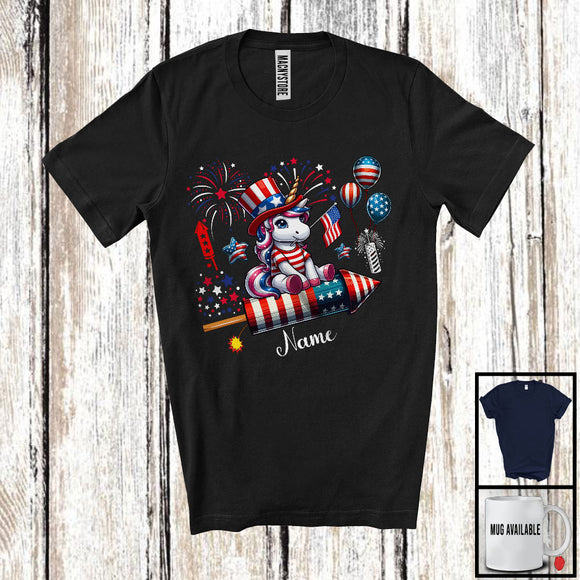 MacnyStore - Personalized Unicorn Riding Firecracker, Lovely 4th Of July USA Flag Custom Name Unicorn Lover T-Shirt