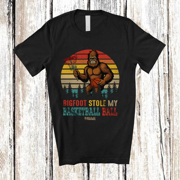 MacnyStore - Personalized Vintage Retro Bigfoot Stole My Basketball Ball; Joyful Sasquatch Custom Name Player T-Shirt