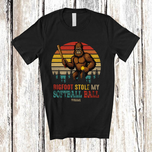 MacnyStore - Personalized Vintage Retro Bigfoot Stole My Softball Ball; Joyful Sasquatch Custom Name Player T-Shirt