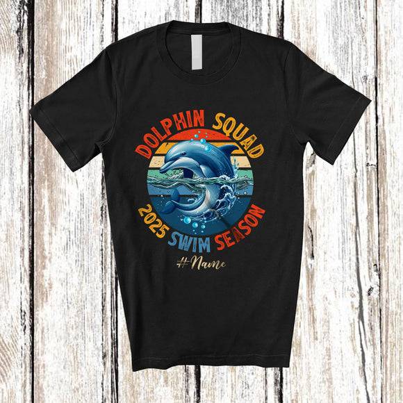MacnyStore - Personalized Vintage Retro Dolphin Squad 2025 Swim Season; Lovely Custom Name Swimming T-Shirt