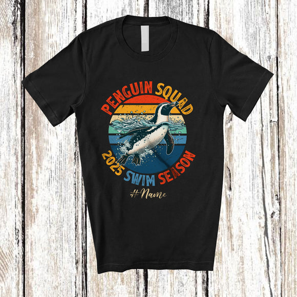 MacnyStore - Personalized Vintage Retro Penguin Squad 2025 Swim Season; Lovely Custom Name Swimming T-Shirt