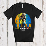 MacnyStore - Personalized Vintage Retro Rock Your Socks; Proud Down Syndrome Custom Name Ribbon Bigfoot T-Shirt