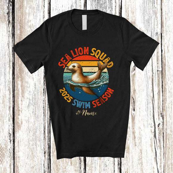 MacnyStore - Personalized Vintage Retro Sea Lion Squad 2025 Swim Season; Lovely Custom Name Swimming T-Shirt