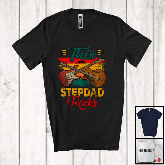 MacnyStore - Personalized Vintage Retro This Stepdad Rocks, Joyful Father's Day Custom Name Bass Guitar Player T-Shirt
