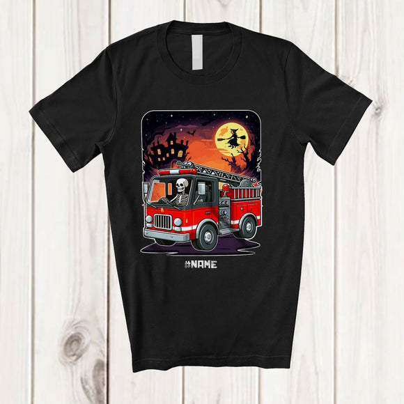 MacnyStore - Personalized Vintage Skeleton Driving Firetruck; Awesome Halloween Custom Name Driver T-Shirt