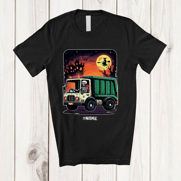 MacnyStore - Personalized Vintage Skeleton Driving Garbage Truck; Awesome Halloween Custom Name Driver T-Shirt