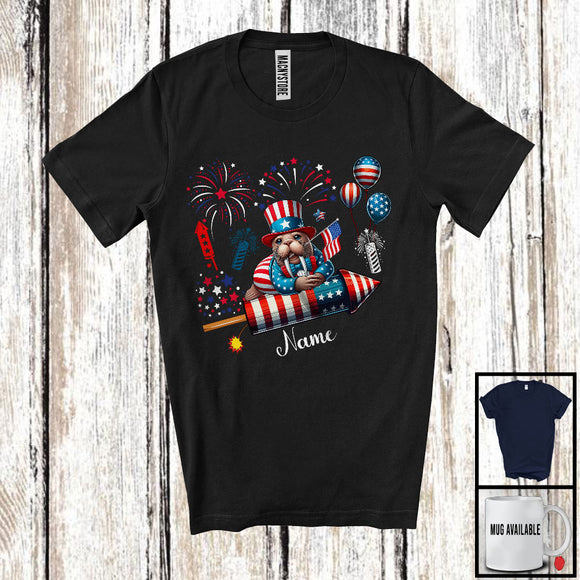 MacnyStore - Personalized Walrus Riding Firecracker, Lovely 4th Of July USA Flag Custom Name, Fish Sea Animal T-Shirt
