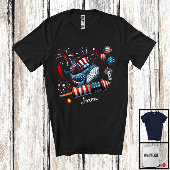 MacnyStore - Personalized Whale Riding Firecracker, Lovely 4th Of July USA Flag Custom Name, Fish Sea Animal T-Shirt